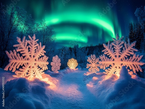 A magical winter landscape features large illuminated snowflakes lining a snowy path. The night sky glows with vibrant northern lights, creating a serene atmosphere.