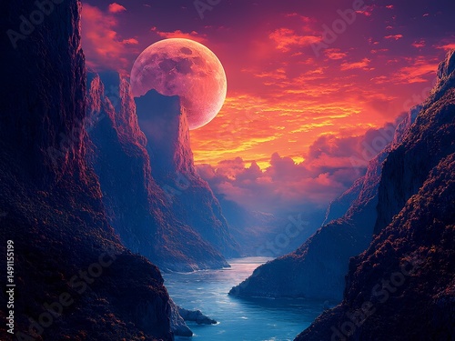 Majestic valley under a vibrant sunset with mystical mountains and flowing water