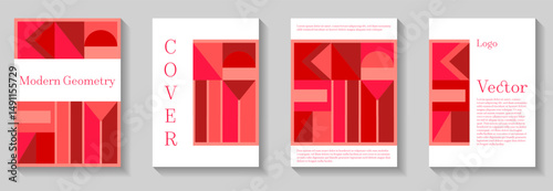 Minimal geometric pattern background covers set. Abstract circle, triangle and regtange lines art. Catalog leaflet contemporary composition. Premium mockups. Magazine front pages.