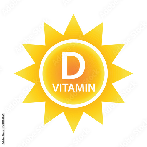 Vitamin D text in a yellow sun icon. Shiny golden sun with letter vitamin D symbol. Sign of beauty treatment vitamine nutrition skin care design. Healthy supplement. Vector illustration EPS 10
