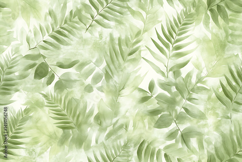 A delicate watercolor painting of various green leaves scattered across a white background texture