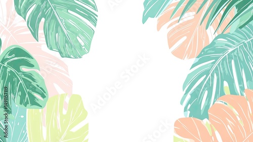 Pastel tropical leaves frame a white backdrop.