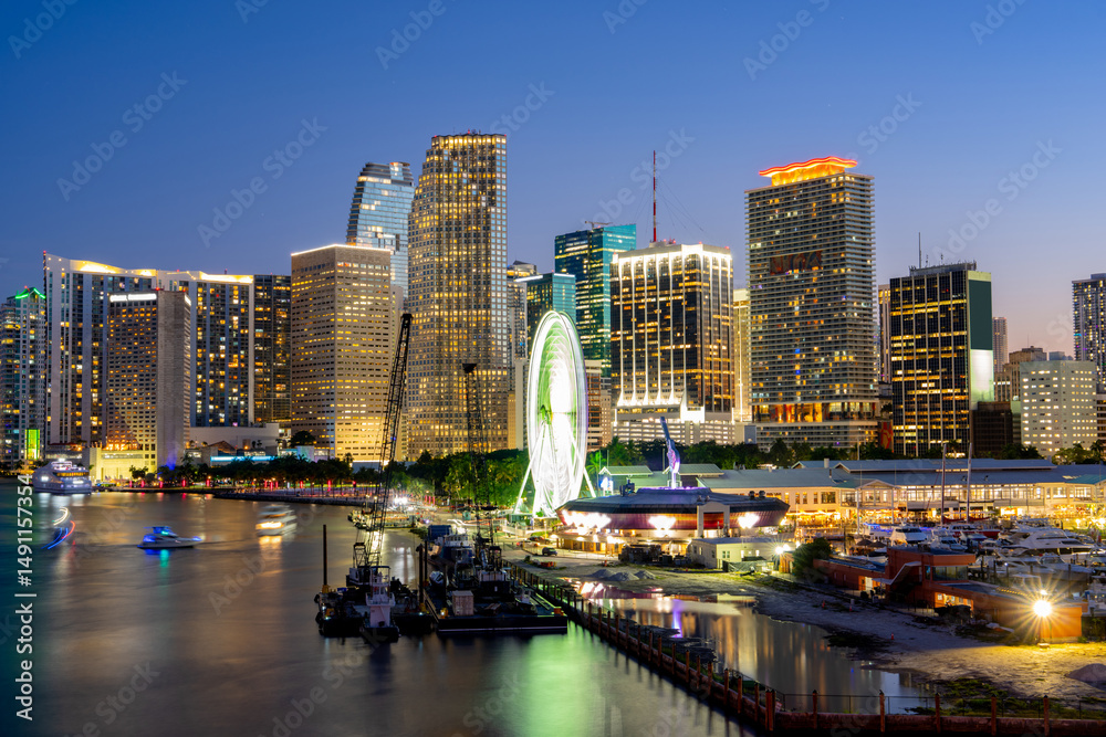 Fototapeta premium Miami nights. Long exposure stock photo Downtown Miami at night 2025 city views dade county
