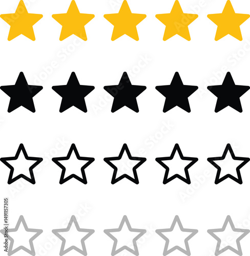 Five stars ranking sample illustration, quality rate sign with transparen, black and gold 5 star icon set
