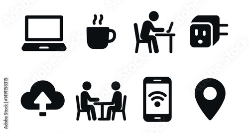 Solid style icons of digital nomad lifestyle: laptop and coffee, travel Wi-Fi, remote workspace, plug adapter, cloud storage icon, coworking space, mobile hotspot, location tag.