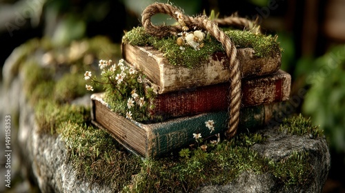 Stacked Books with Moss and Flowers Tied by Rope NatureInspired Composition for Fantasy and L