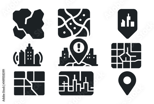 Solid style icons of digital overlays in cityscapes: data overlay map, traffic heat layer, AR navigation tag, noise map icon, real-time alert pin, urban scan grid, digital zoning lines, smart pointer