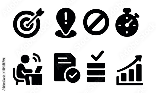 Solid style icons of productivity in teams: goal target, priority marker, blocker icon, focus timer, deep work zone, clear backlog icon, done stack, agile chart.