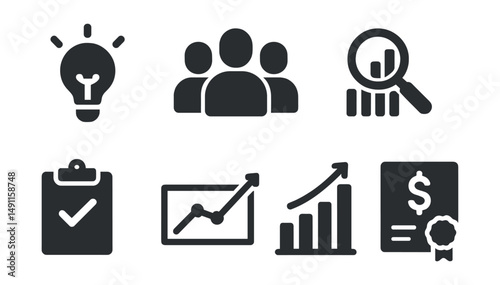 Solid style icons of startup evaluation criteria: innovation icon, team strength, market potential, execution score, traction graph, scalability bar, product readiness, business value.