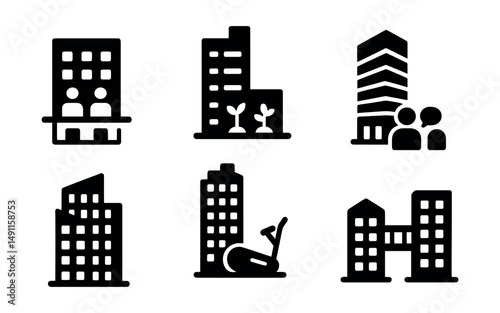 Solid style icons of vertical communities: sky lobby, shared garden floor, vertical farm level, social floor icon, stacked housing, sky gym, multi-zone tower, bridge corridor.