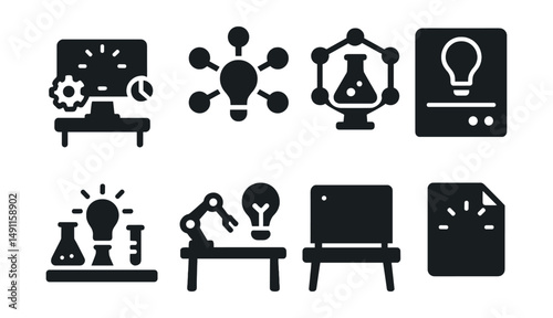 Solid style icons of innovation labs and hubs: tech incubator icon, innovation cluster, research node, test chamber, future lab icon, experimental station, prototype demo desk, invention file.
