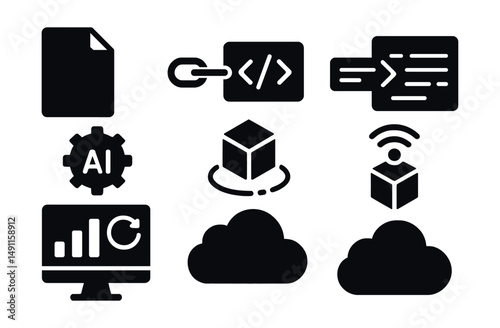Solid style icons of AI deployment tools: model export, API endpoint, inference request, runtime engine, serverless node, edge deployment, latency monitor, cloud infer icon.