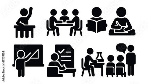 Solid style icons of classroom activities: raising hand, group work, reading aloud, writing exercise, board drawing, test-taking, lab experiment, classroom discussion.