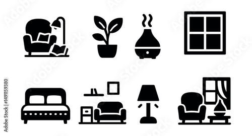 Solid style icons of home wellness setup: cozy reading corner, indoor plant icon, diffuser, natural light window, sleep-support mattress, clutter-free room, calm lighting, wellness nook.