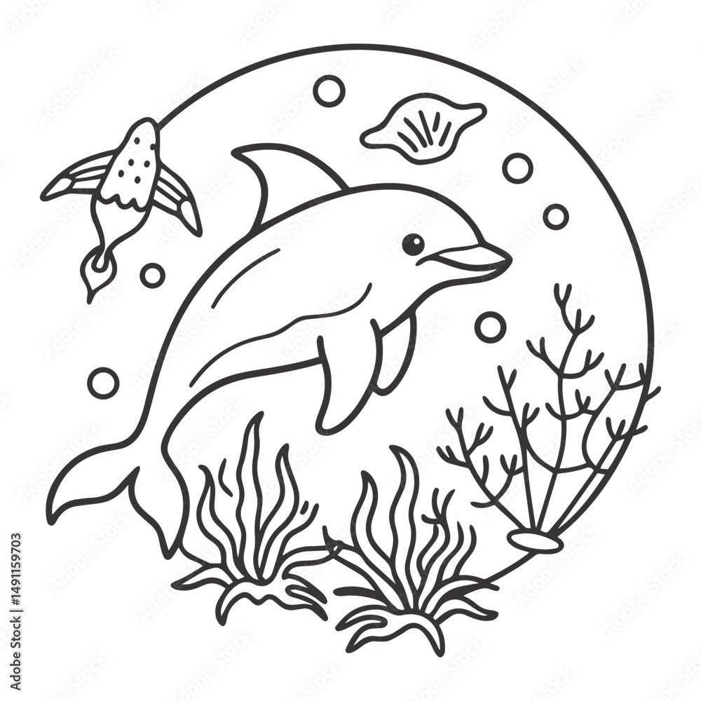 Fototapeta premium Minimalist Black and White Dolphin Underwater Scene – Line Art Illustration