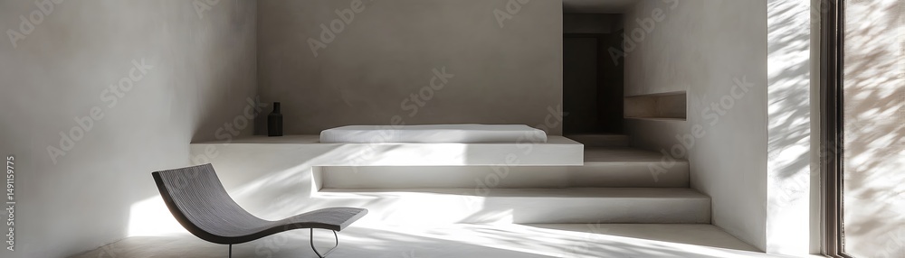 Fototapeta premium Minimalist bedroom with elevated platform bed.