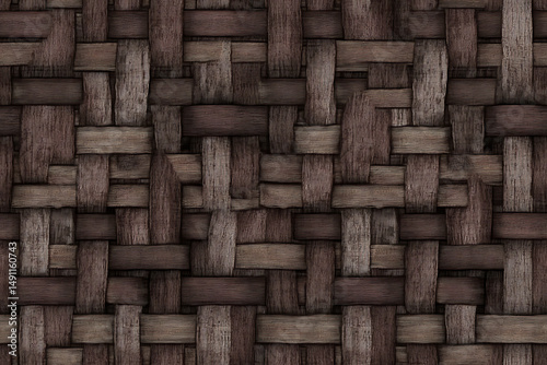Close up of a brown woven texture with a pattern of interlaced strips and a rough surface design