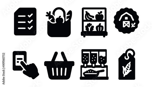 Solid style icons of grocery shopping: healthy list, market bag, produce aisle, local food badge, label reading icon, shopping basket, bulk section, fresh pick tag.