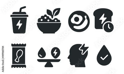 Solid style icons of eating for energy: power smoothie, high-fiber bowl, energizing breakfast, slow carbs icon, protein snack, energy balance scale, fatigue prevent icon, stable blood sugar.