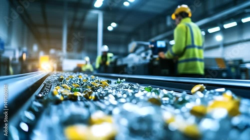 Wallpaper Mural Organic waste on a conveyor belt, being separated by specialized machines in a bright, spacious recycling center, with workers overseeing the process. Torontodigital.ca