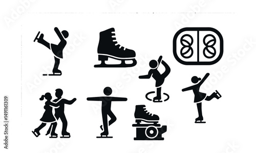 Solid style icons of ice skating: figure skater, ice skate boot, skating rink, spin move, couples dance, balance icon, blade sharpener, artistic pose.