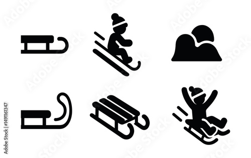 Solid style icons of sledding and toboggan: sled icon, downhill motion, child on sled, snow bump icon, sled pull rope, icy hill, wooden sled, winter fun moment.