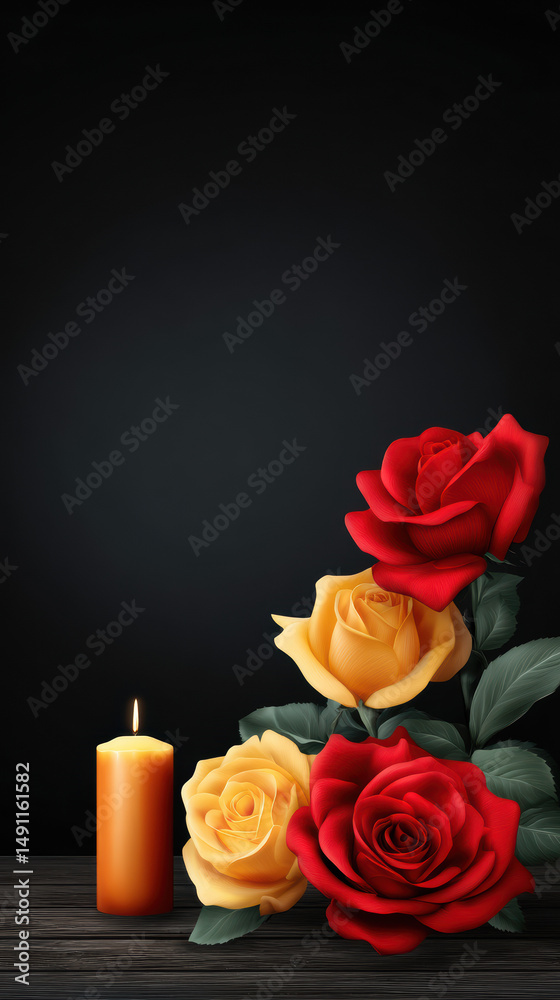 Fototapeta premium A softly lit candle illuminates vibrant red and yellow roses arranged gracefully on dark wooden surface against a minimalist black backdrop offe serene beauty.