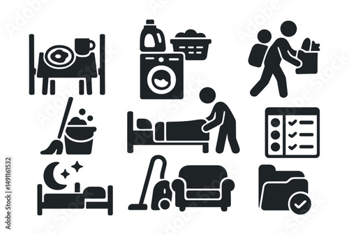 Solid style icons of everyday home routines: breakfast table, laundry time, clean-up chore, grocery run, school prep, bedtime routine, weekend cleaning, shared tasks chart.