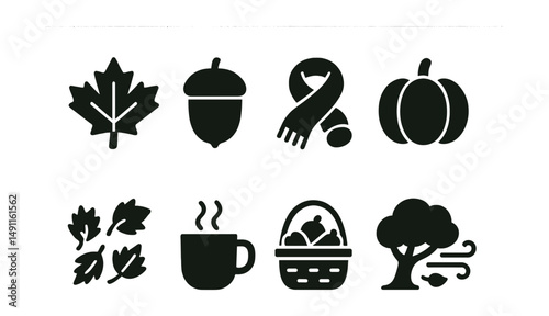 Solid style icons of autumn season: maple leaf, acorn icon, scarf and hat, pumpkin, falling leaves, warm drink, harvest basket, windy tree.