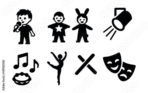 Solid style icons of performing arts: child with microphone, kids in costume, music notes, stage spotlight, dance pose, rhythm sticks, tambourine icon, theater mask.