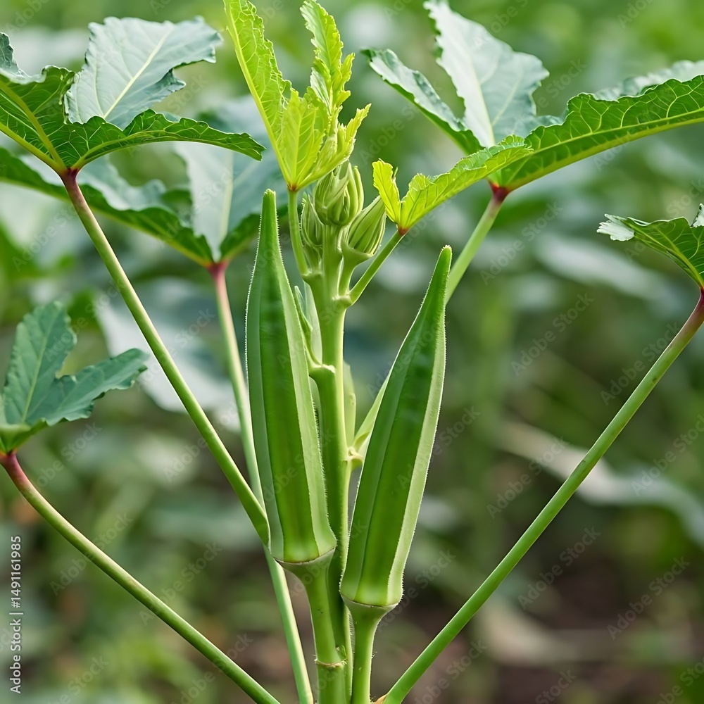 Obraz premium Okra plants bearing pods and vibrant leaves in sunlit tropical farmland.