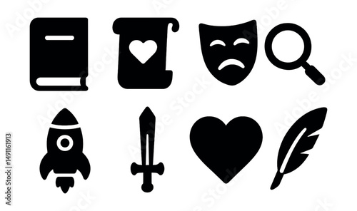 Solid style icons of literary genres: novel book, poetry scroll, drama mask, mystery magnifier, sci-fi rocket, fantasy sword, romance heart, historical quill.