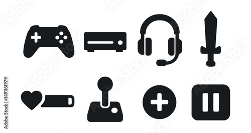 Solid style icons of video gaming: game controller, console icon, gaming headset, RPG sword, health bar, joystick, gamepad button, pause screen.