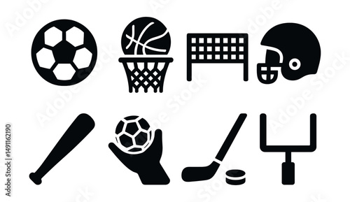 Solid style icons of team sports: soccer ball, basketball hoop, volleyball net, rugby helmet, baseball bat, handball icon, hockey stick and puck, football goalpost.