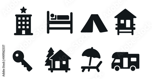 Solid style icons of accommodations: hotel building, hostel bed, tent icon, beach bungalow, apartment key, cabin in woods, resort umbrella, RV camper.