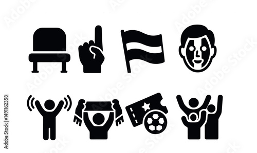 Solid style icons of fan culture: stadium seat, foam finger, team flag, painted face, team chant icon, fan scarf, game ticket, group cheer.