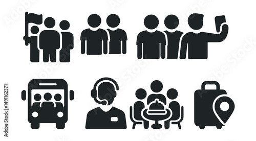 Solid style icons of group travel: group tour icon, matching shirts, group selfie, shared bus, travel coordinator, group dining, tag-along bag, circle pin icon.