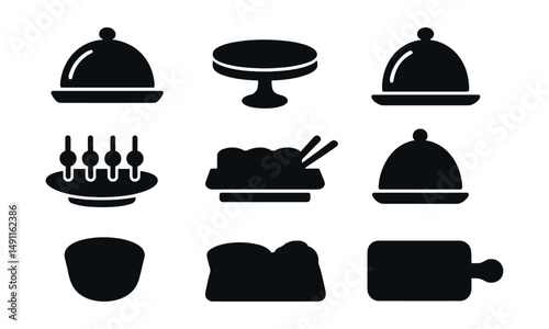 Solid style icons of food presentation: serving tray, wooden board, cake stand, food dome, appetizer dish, sushi plate, dip bowl, charcuterie board.