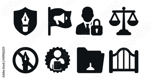 Solid style icons of press freedom and ethics: shield with pen, freedom of speech banner, protected source icon, ethical scale, no censorship icon, journalist rights badge, justice folder, open