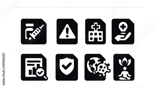 Solid style icons of health news: vaccine update, health alert icon, hospital headline, medical breakthrough, public health report, safety guideline, global health crisis, well-being news.