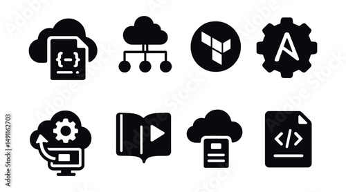 Solid style icons of cloud automation: cloud script icon, orchestration tool, Terraform badge, Ansible gear, automated provisioning, playbook icon, resource template, infra as code.