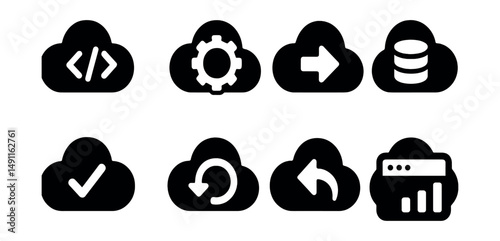 Solid style icons of CI/CD in cloud: code commit icon, build pipeline, deployment step, artifact storage, test result, auto deploy icon, rollback trigger, release dashboard.