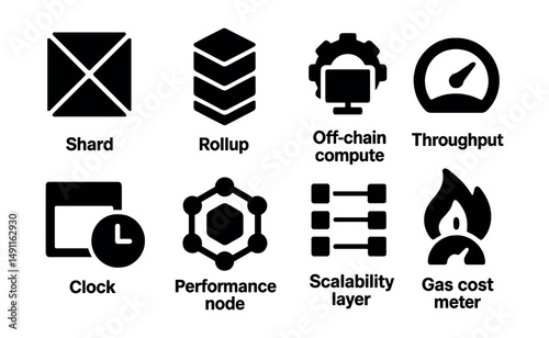 Solid style icons of blockchain scalability: shard icon, rollup stack, off-chain compute, throughput gauge, block time icon, performance node, scalability layer, gas cost meter.