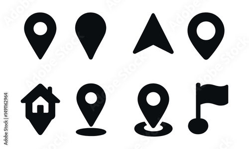 Solid style icons of location markers: classic pin icon, dropped pin, navigation arrow, GPS marker, home location, pin with shadow, pin on circle, location with flag.