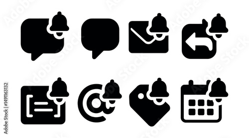 Solid style icons of message-type notifications: chat alert bell, comment alert, email bell, reply notification, system message icon, mention bell, social tag bell, event invite bell. photo