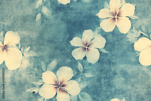 A floral pattern with white flowers and blue background in a watercolor style design effect