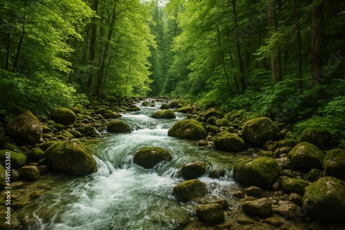 Serene river flows through lush green forest under gentle sunlight in a tranquil natural landscape Generative AI