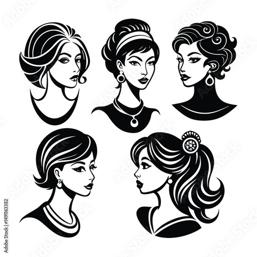 Elegant Woman Face Silhouette Set Isolated Vector Illustration