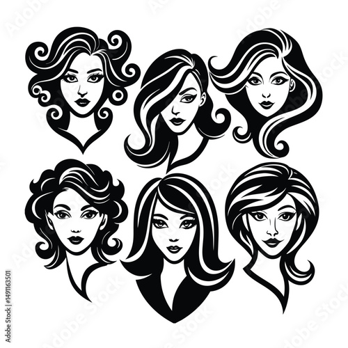 Elegant Woman Face Silhouette Set Isolated Vector Illustration