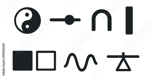 Solid style icons of simplified and minimal contrast symbols: basic half-black/white icon, minimal slider with dot, single contrast stroke, contrast bar only, clean mono icon, filled vs hollow block,